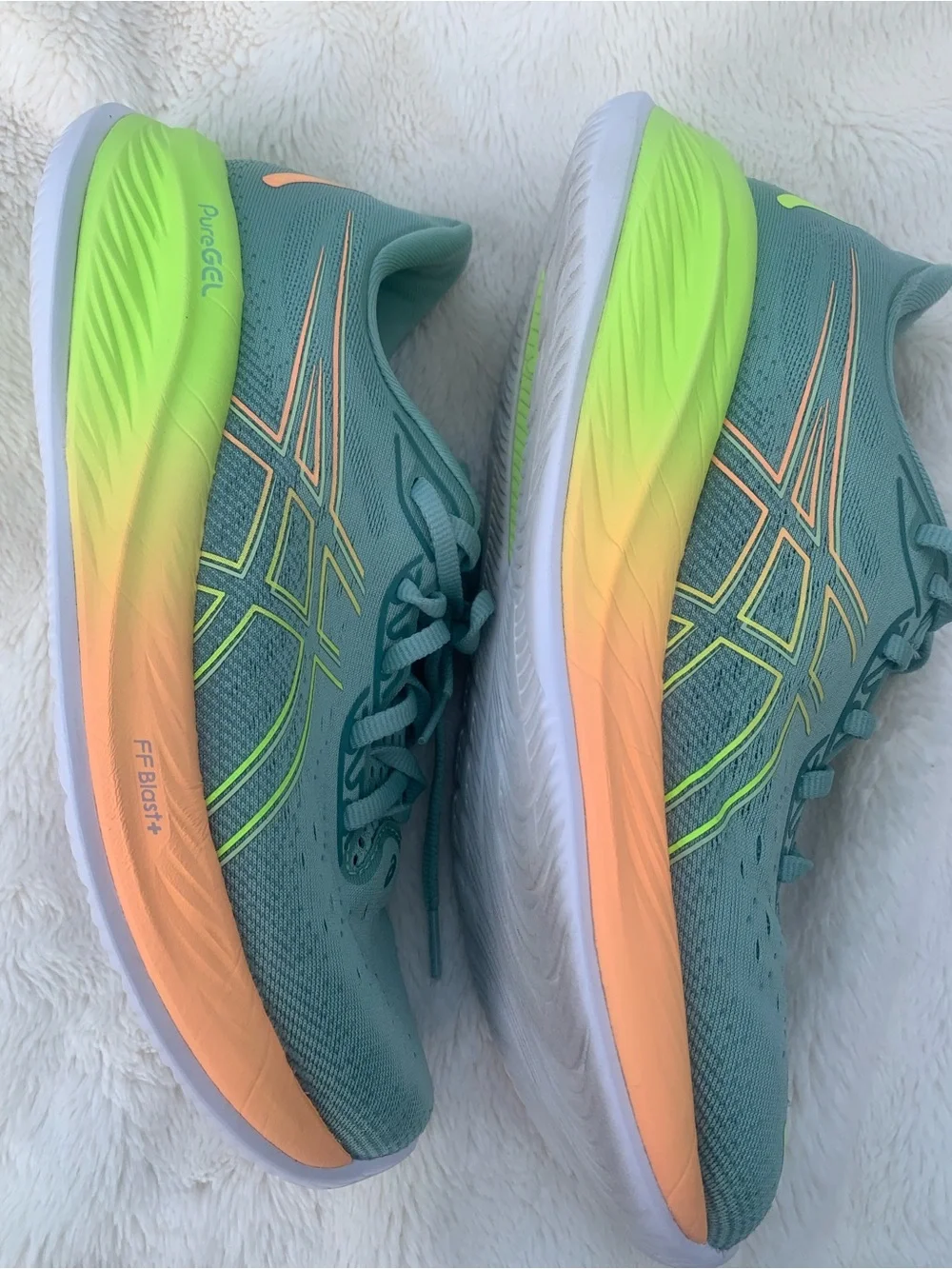 Asics Teal Athletic Shoes with Neon Green and Peach Accents